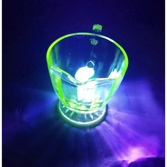 1930’s Small Uranium Glass Pitcher Glows W Blacklight Yellowish Looking Design - Picture 1 of 4